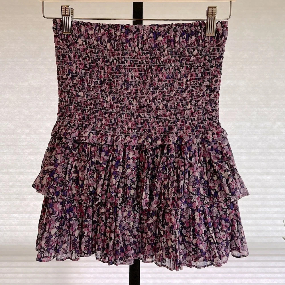Isabel Marant Etoile Naomi Smocked Ruffle Tier Floral Mini Skirt Violet Multi 36